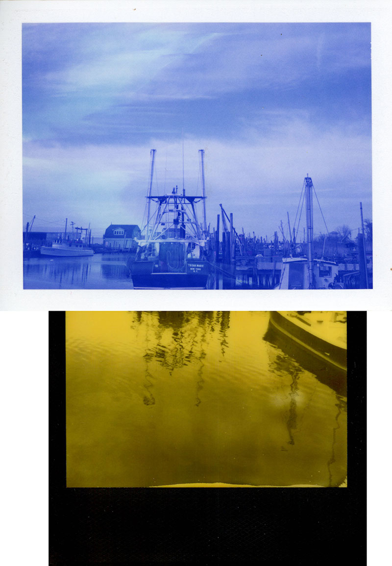 Fishing boats in Belford Harbor. Two photos collaged together, top is blue, bottom is yellow, mirroring the Ukrainian flag
