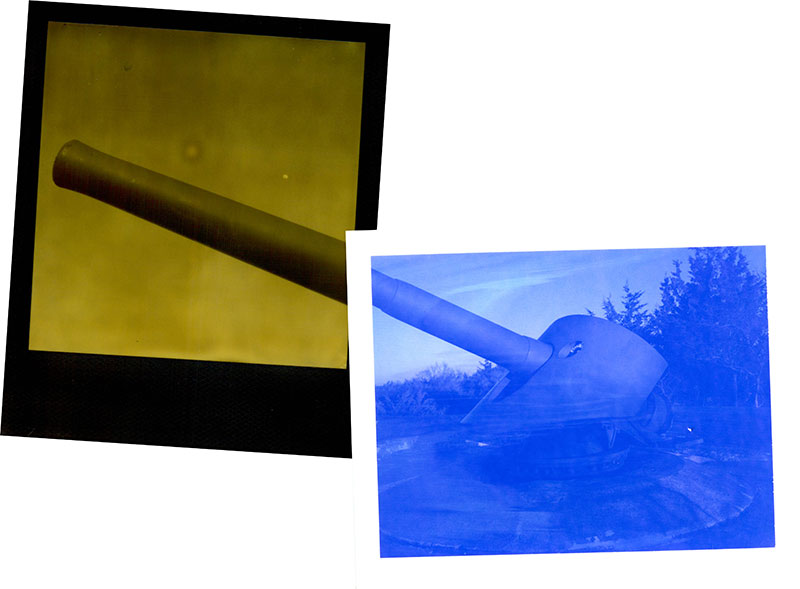 Cannon shot in two shots, blue and yellow, collaged together into a whole